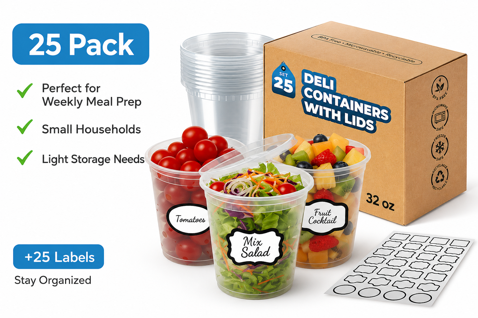 25 set 32 oz deli containers with lids