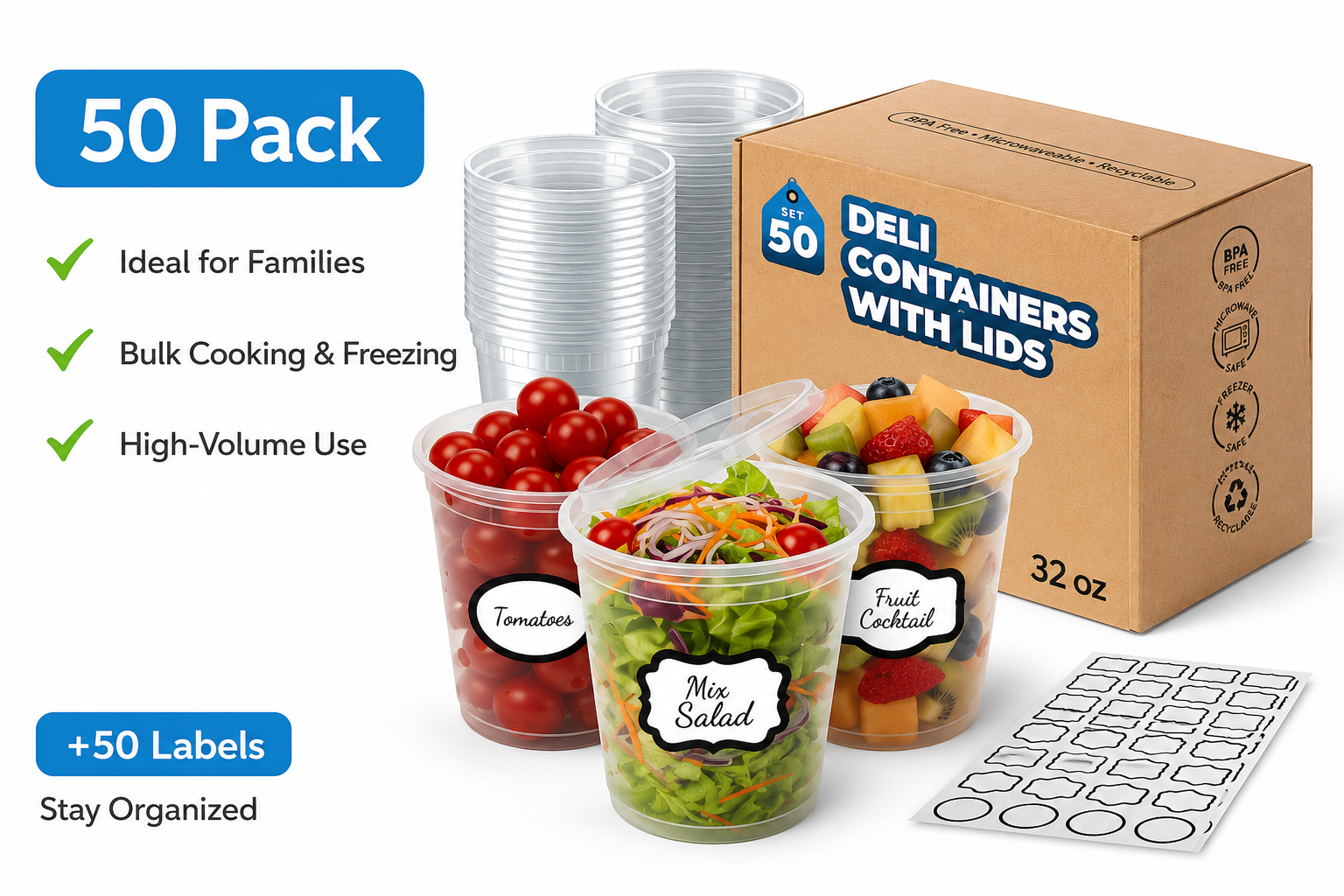50 set 32 oz deli containers with lids